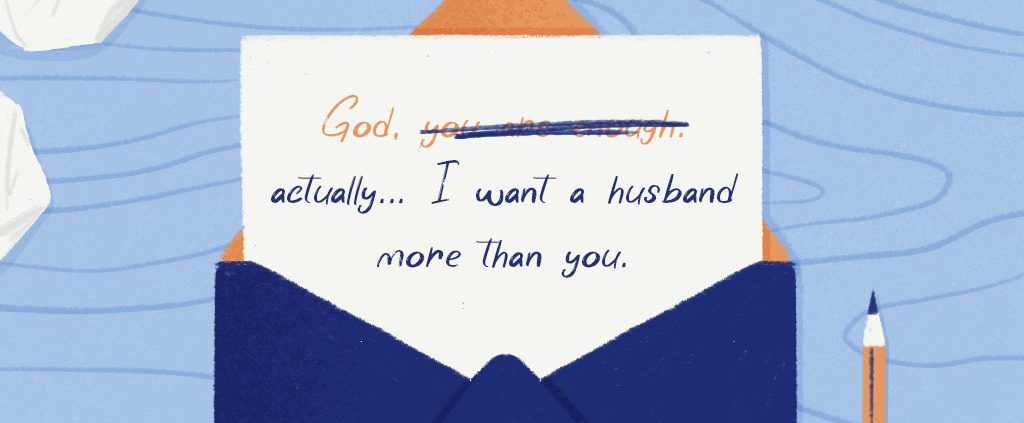 Letter in envelope with the text "God, actually... I want a husbnad more than you"