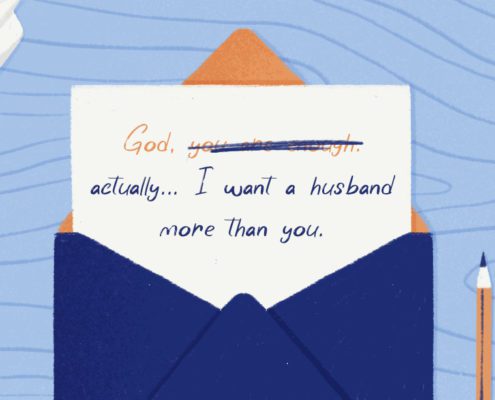 Letter in envelope with the text "God, actually... I want a husbnad more than you"