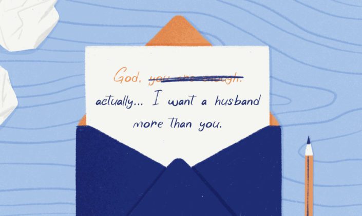Letter in envelope with the text "God, actually... I want a husbnad more than you"