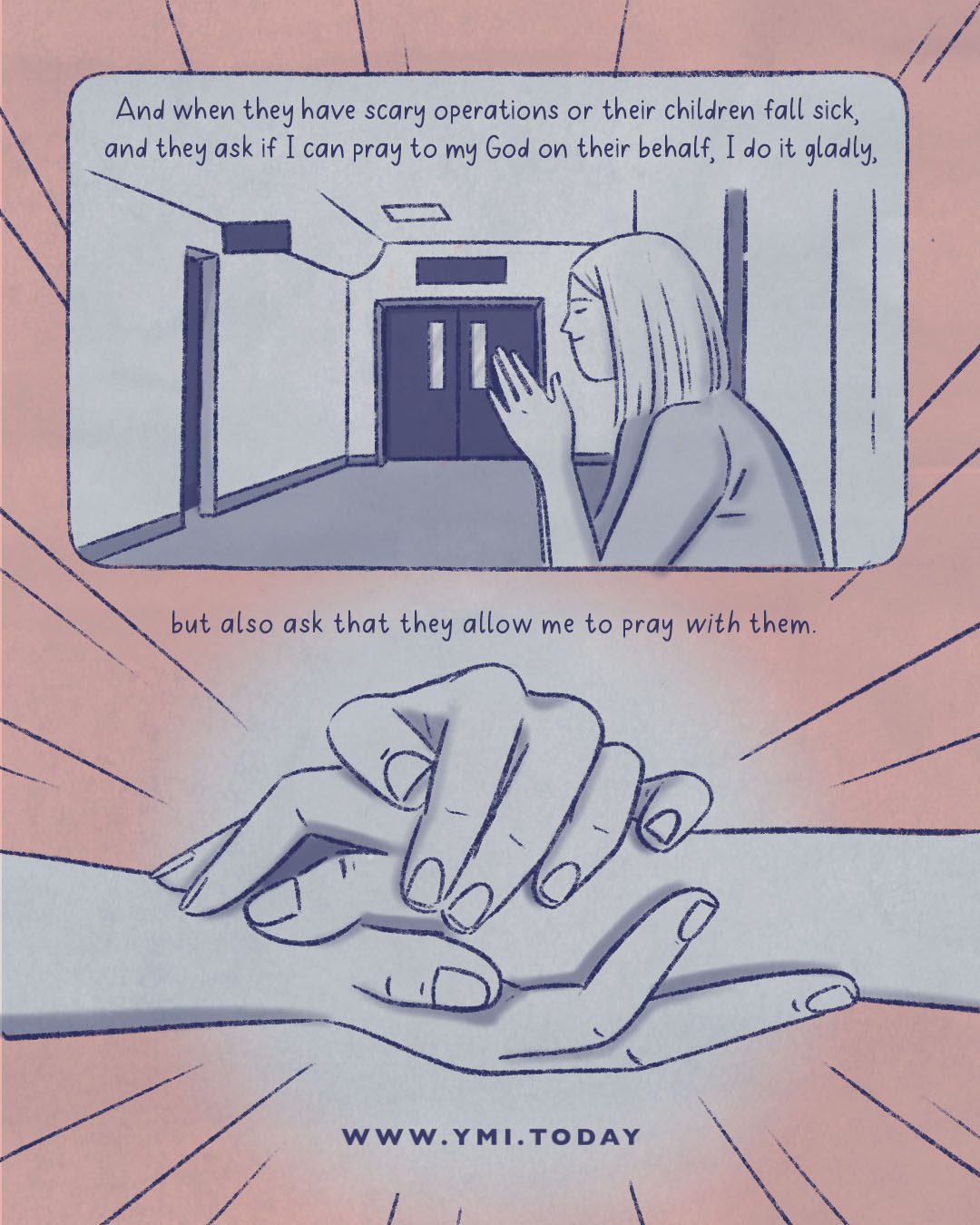 2 panel comic: woman praying in a hospital corridor, and close up of woman praying hand in hand with another person