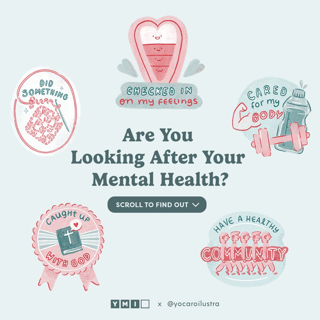 "Are you looking after your mental health" surrounded by badges
