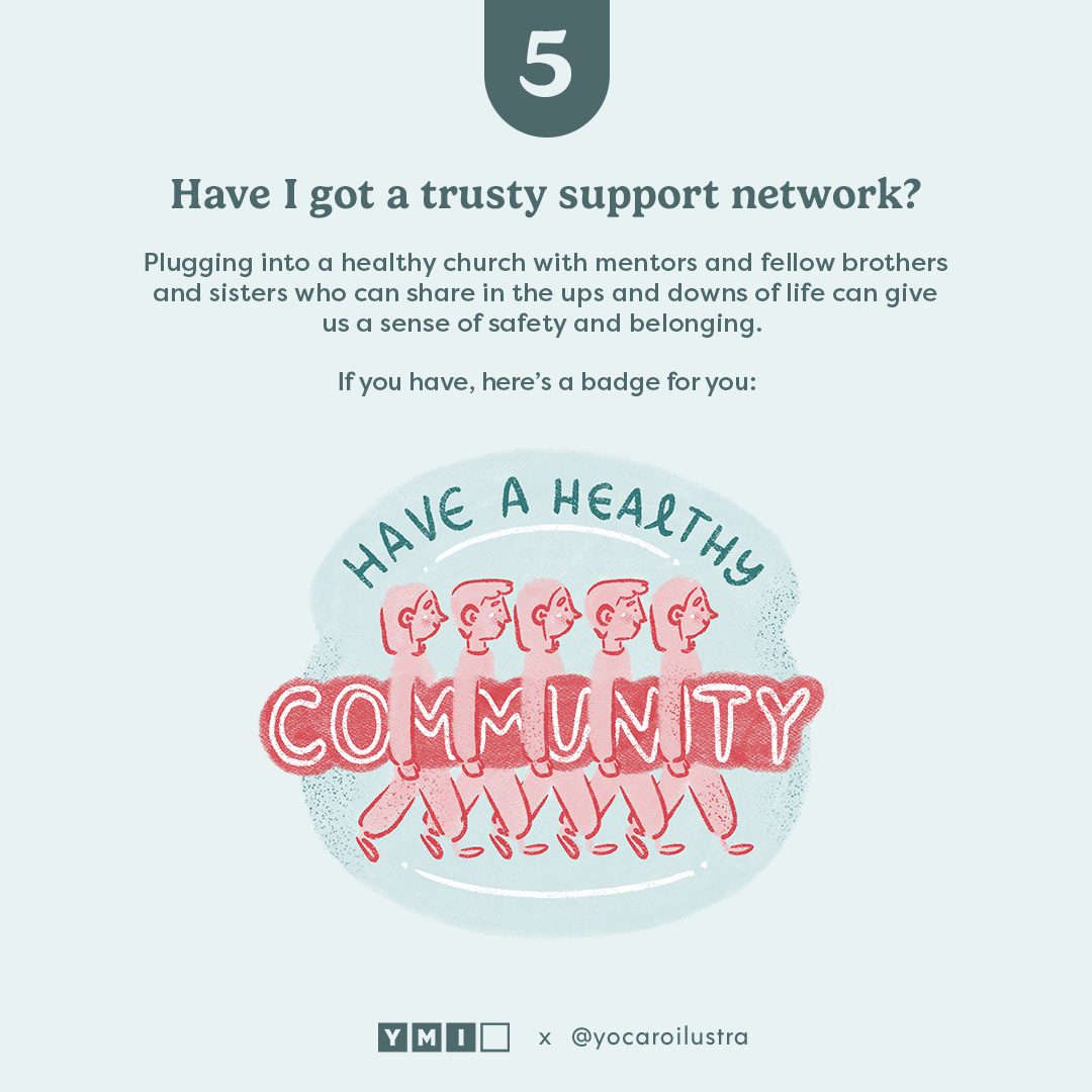 "Have a healthy community" badge showing a group of friends 