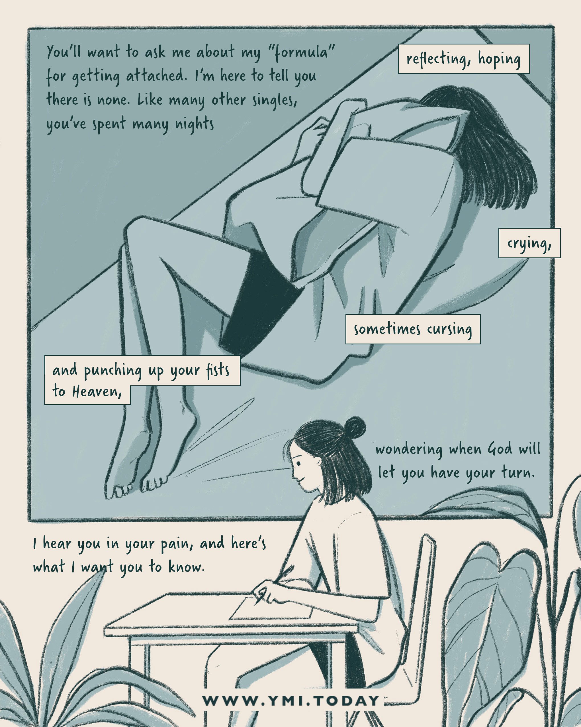 Girl writing letter to her old self, shown curled up in bed.