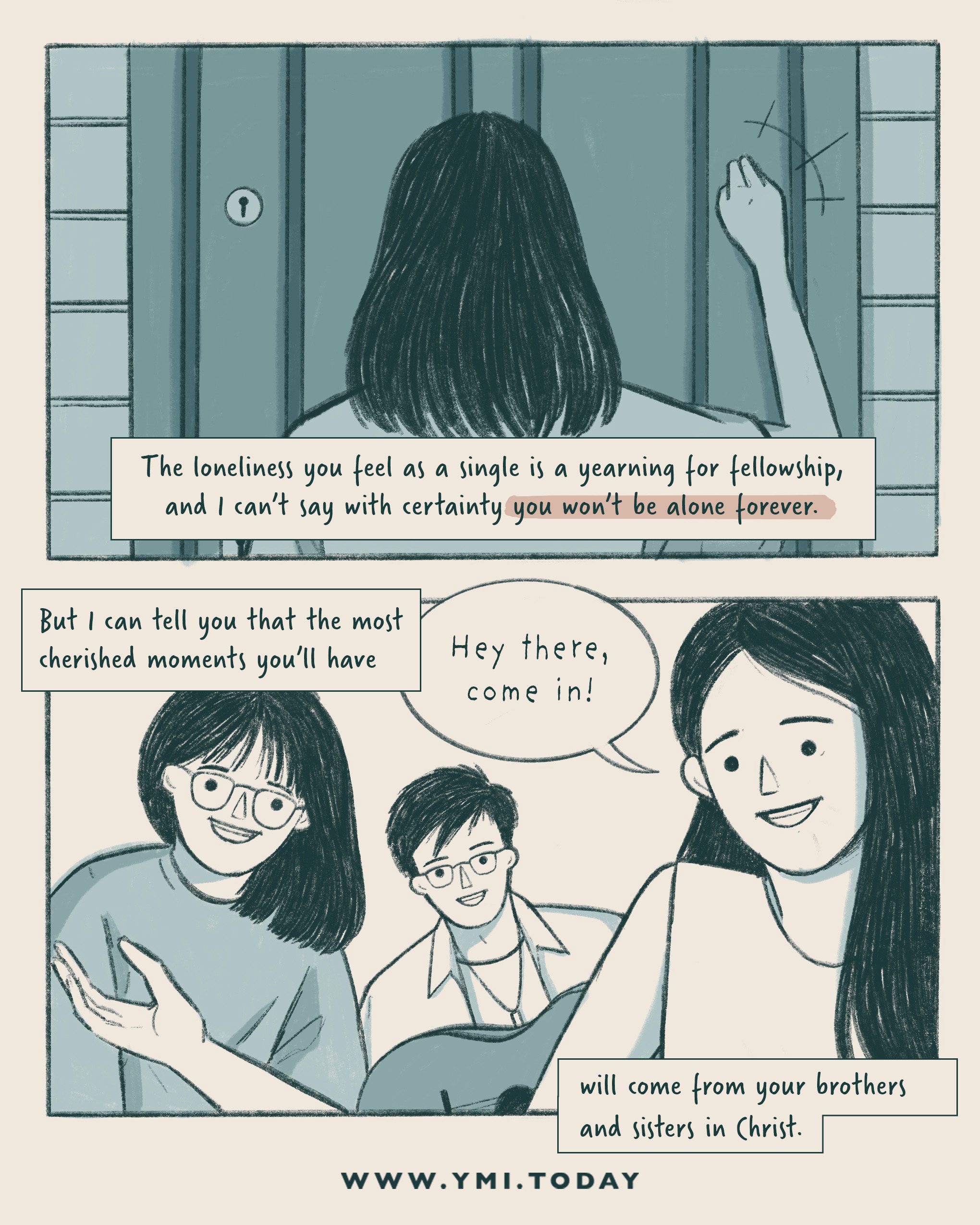Girl knocks at someone house's door. Her friends welcome her warmly.