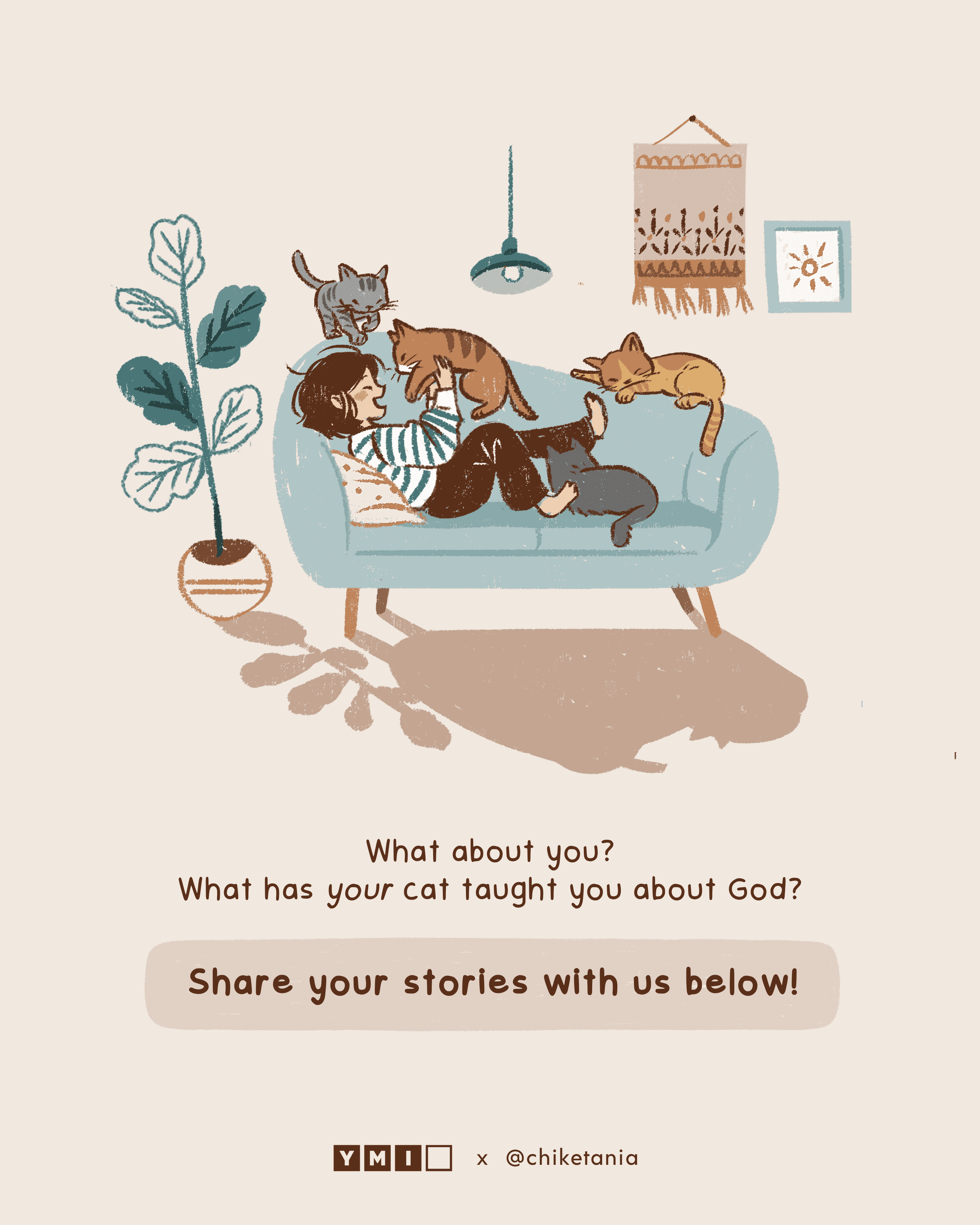 Woman sitting on sofa surrounded with cats with a prompt to share story