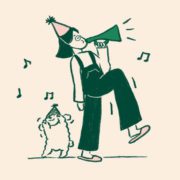 A woman is blowing the whistle to celebrate, while the dog is dancing happily
