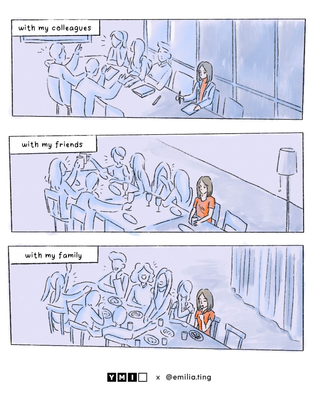 Three panels of comic about a woman is always feeling isolated even with her colleagues, friends and family.