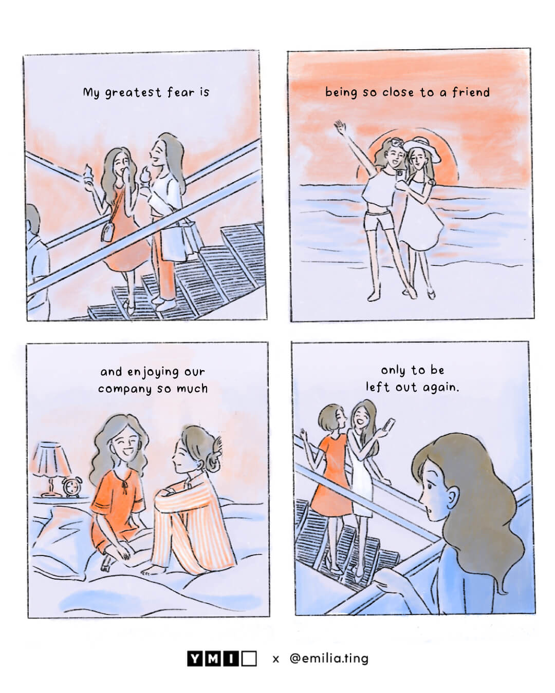 4 panels of comic about a woman is not close to her bestie who used to being together last time
