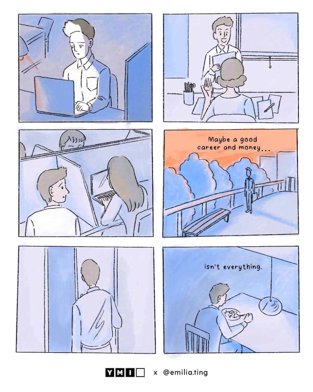 6 panels of comic to convey about the loneliness of being alone in a big city with good salary and job, but not someone close.