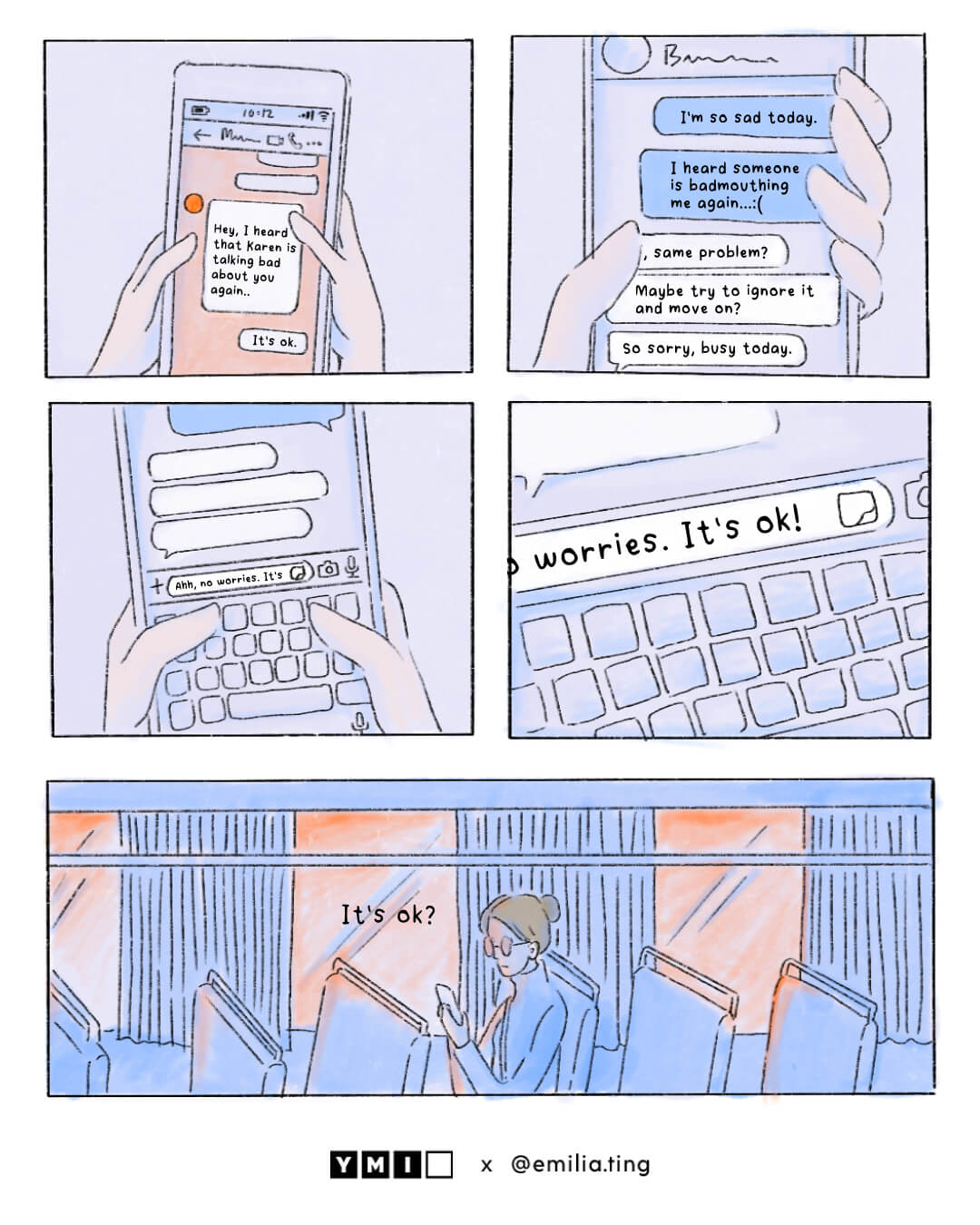 5 panels of comic to tell about the loneliness of in the midst of sadness, even your friends does not understand your grief and tend to ignore.