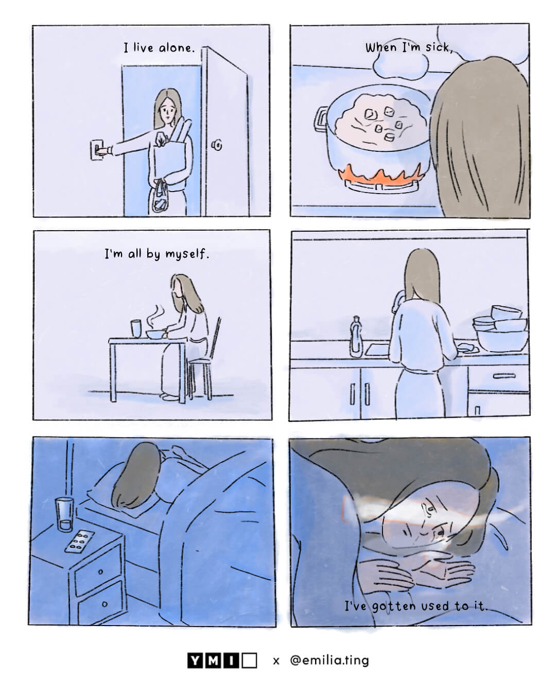 6 panels of comic to convey the loneliness of staying alone, and do not have someone who can physically helping or accompanying.