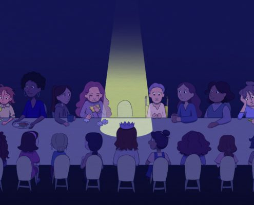 People sitting together at God's table, with one seat being spotlighted