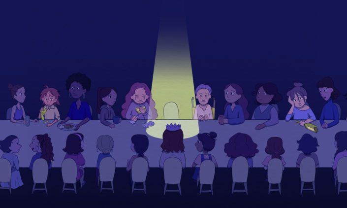 People sitting together at God's table, with one seat being spotlighted