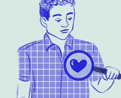 Person putting a magnifying glass on his heart