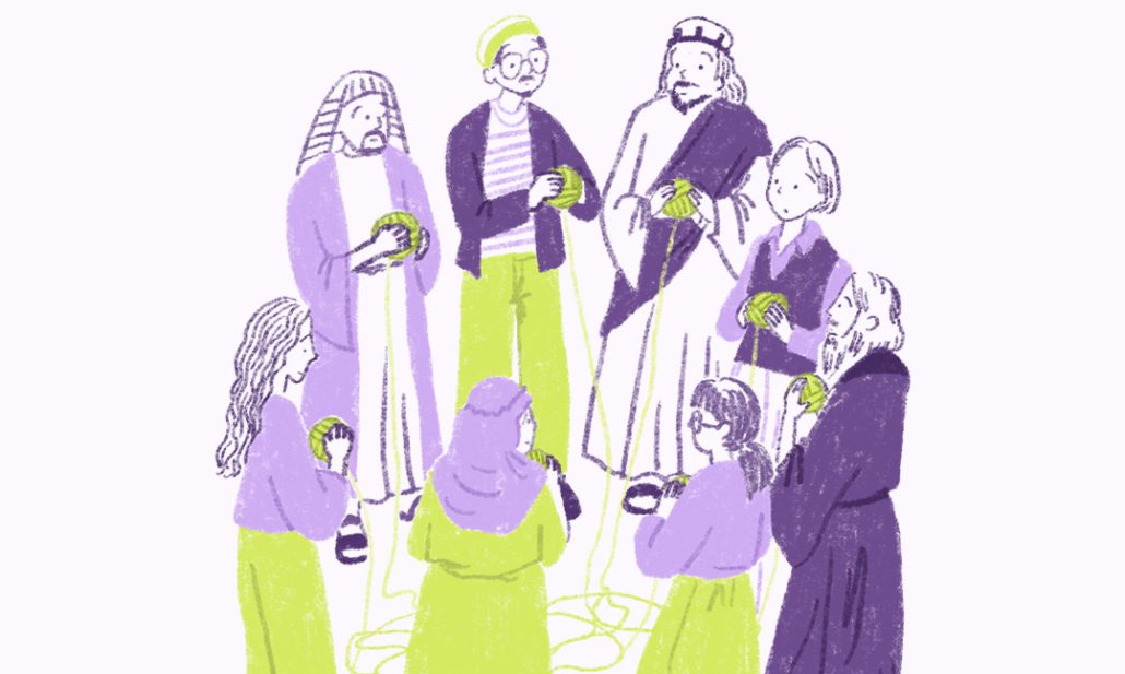 A group of bible characters and modern day people holding connected threads