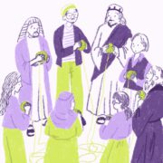 A group of bible characters and modern day people holding connected threads