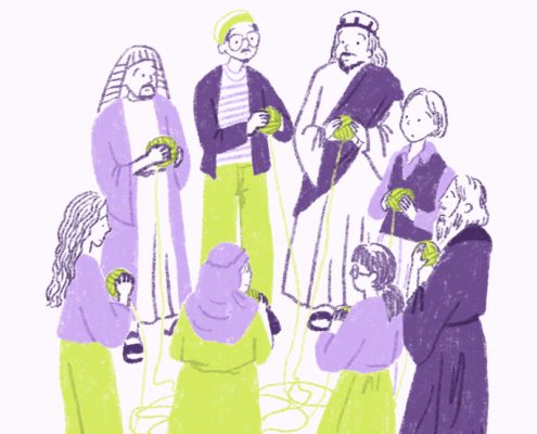 A group of bible characters and modern day people holding connected threads