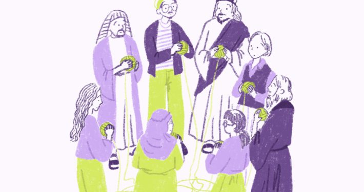 A group of bible characters and modern day people holding connected threads